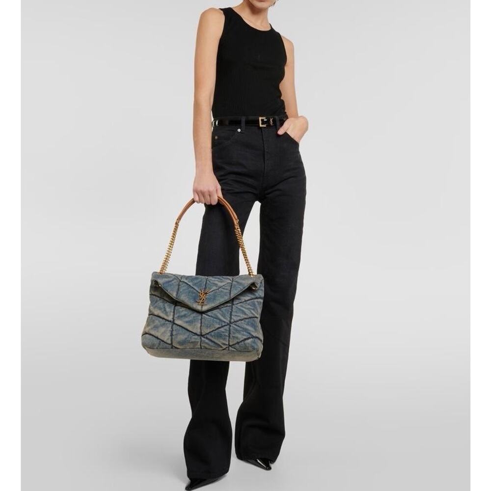 Saint Laurent YSL Medium Loulou Puffer Denim Monogram Chain Bag Blue Authentic